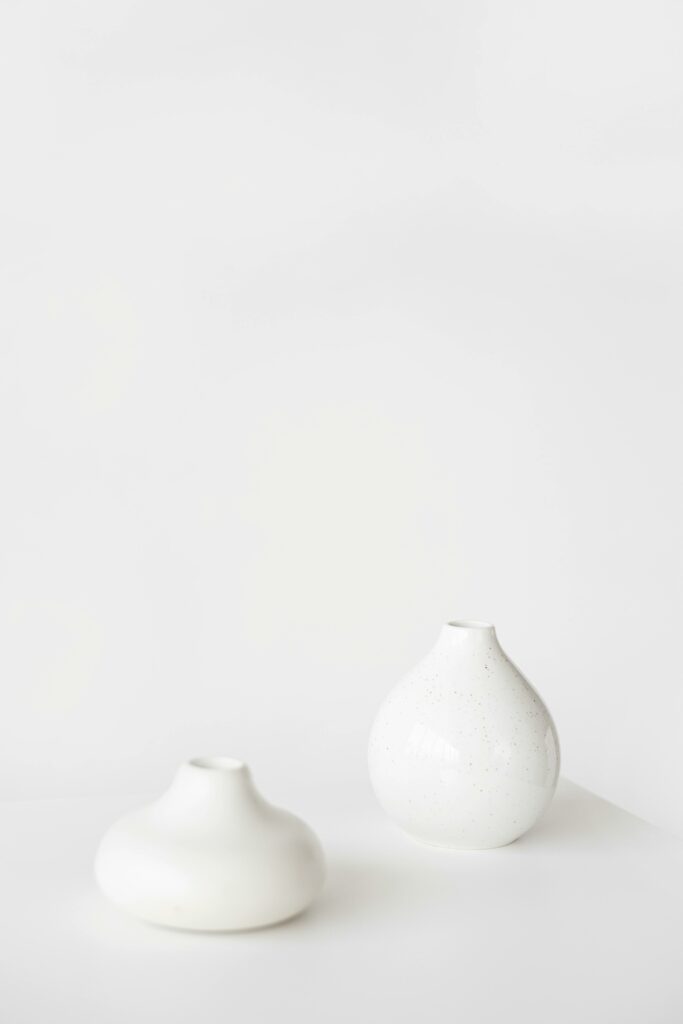 Two white ceramic vases on a clean white background, showcasing minimalist design and simplicity.